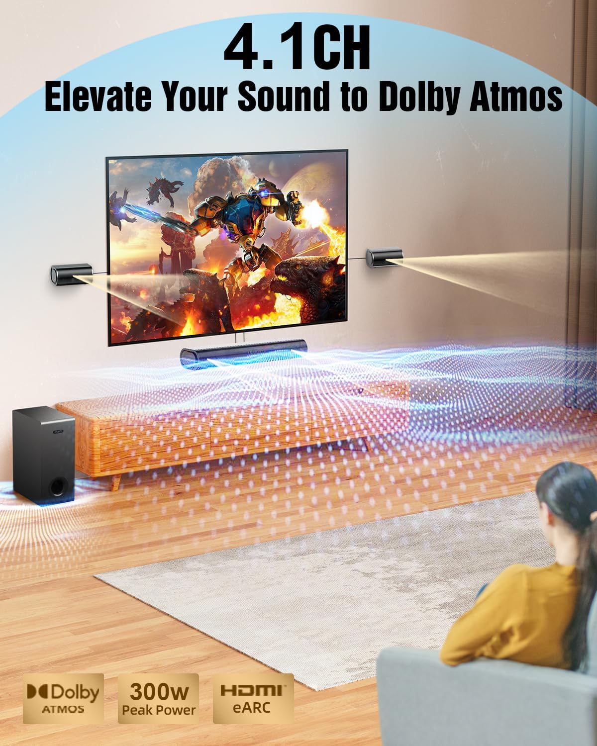 Hiwill 4.1ch Dolby Atmos Soundbar, 300W Sound Bar for TV wit…