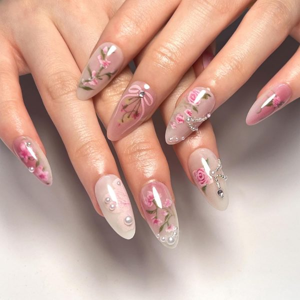KQueenest Blossom Press on Nails Short Medium Almond Fake Na... - Image 2