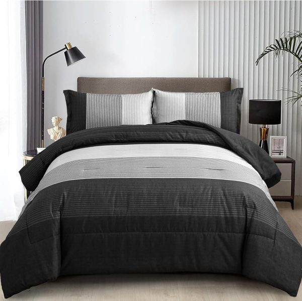 WONGS BEDDING Black Comforter Set Queen, Reversible Black Gr...