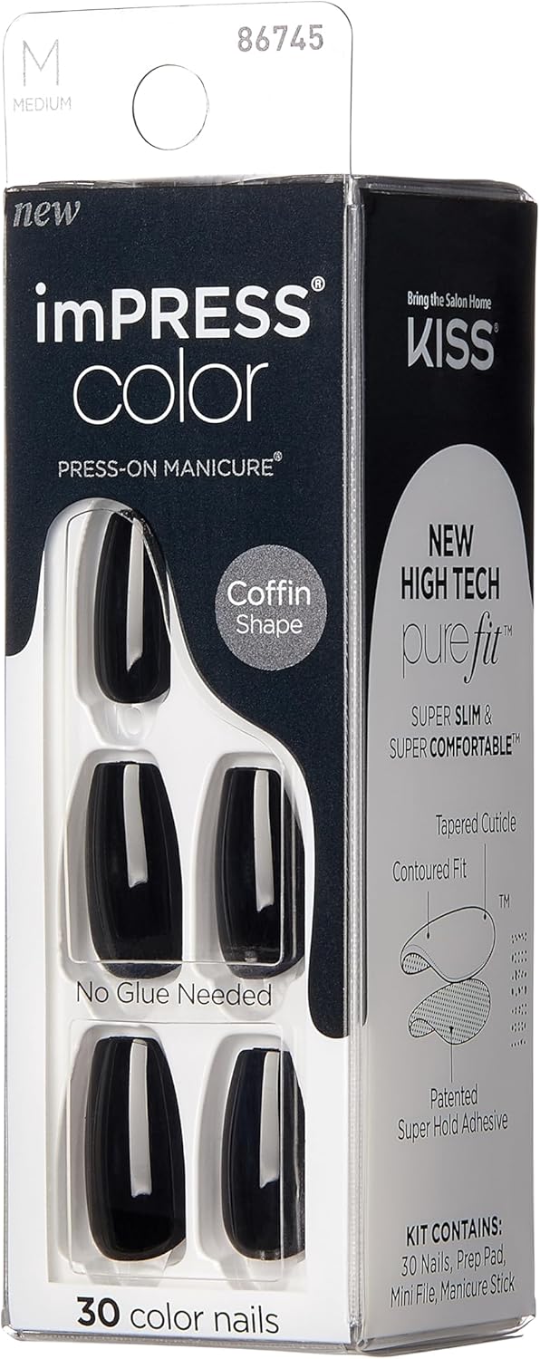 KISS imPRESS Colour Press-On False Nails – All Black – 30 Na…