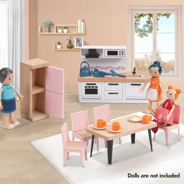 32pcs Pink Wooden Dollhouse Furniture Set for 5 Rooms, Wood ... - Image 3