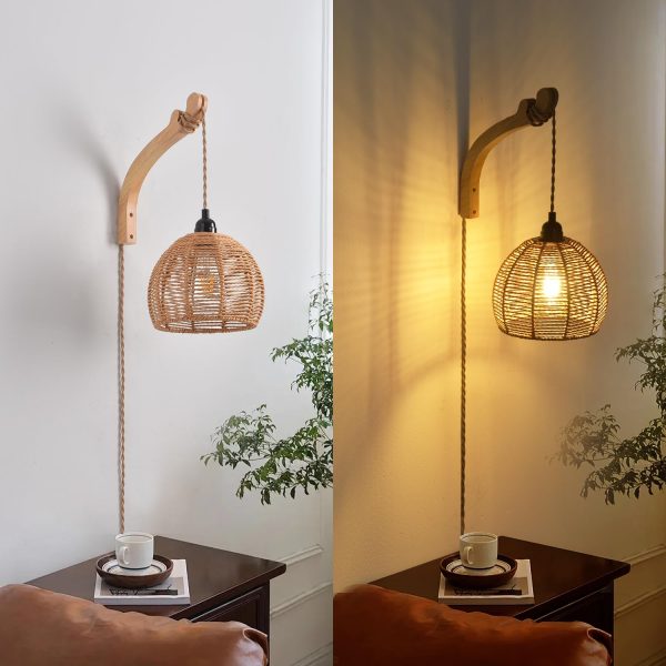 Plug in Wall Sconce,Farmhouse Wicker Wall Lamp Plug in,Hand ... - Image 8
