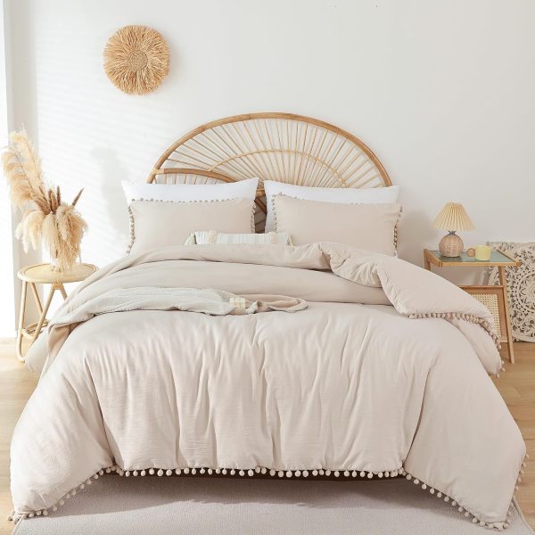 YIKUSH Queen Comforter Set Beige Comforter Set with Ball Pom... - Image 4