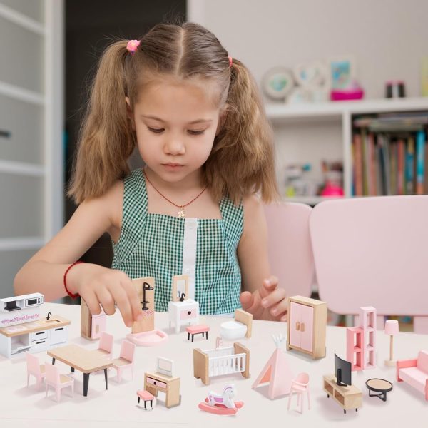 32pcs Pink Wooden Dollhouse Furniture Set for 5 Rooms, Wood ... - Image 2