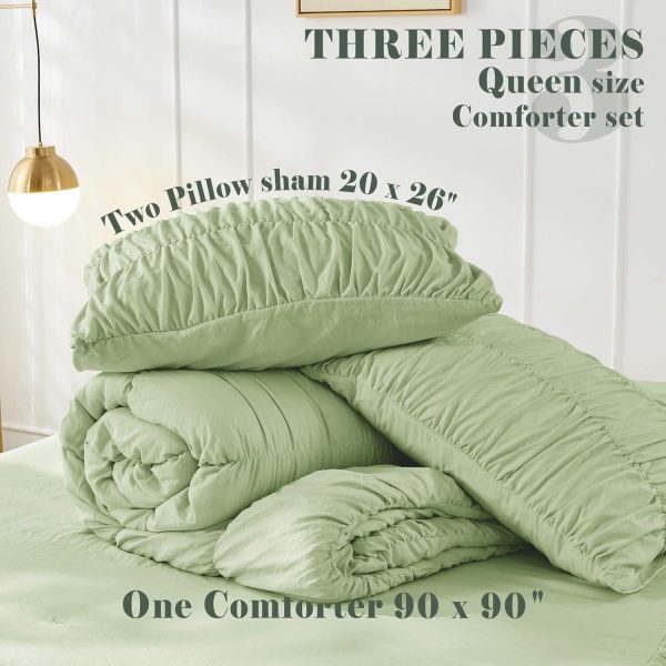Bonlino Queen Comforter Set Green Bedding - Ruched Comforter... - Image 5