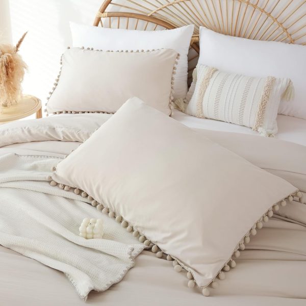 YIKUSH Queen Comforter Set Beige Comforter Set with Ball Pom... - Image 3