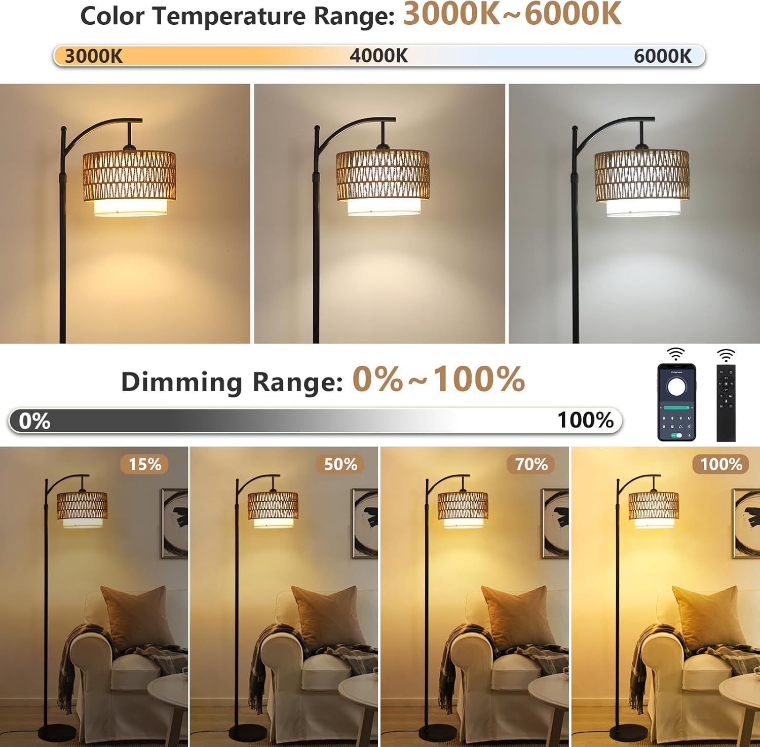 Arc Floor Lamp for Living Room with 3 Color Temperatures, Fa…