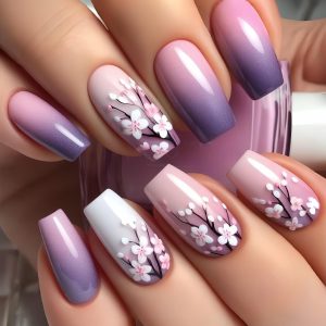 Press on Nails Medium Coffin Pink Gradient Purple White Flow...