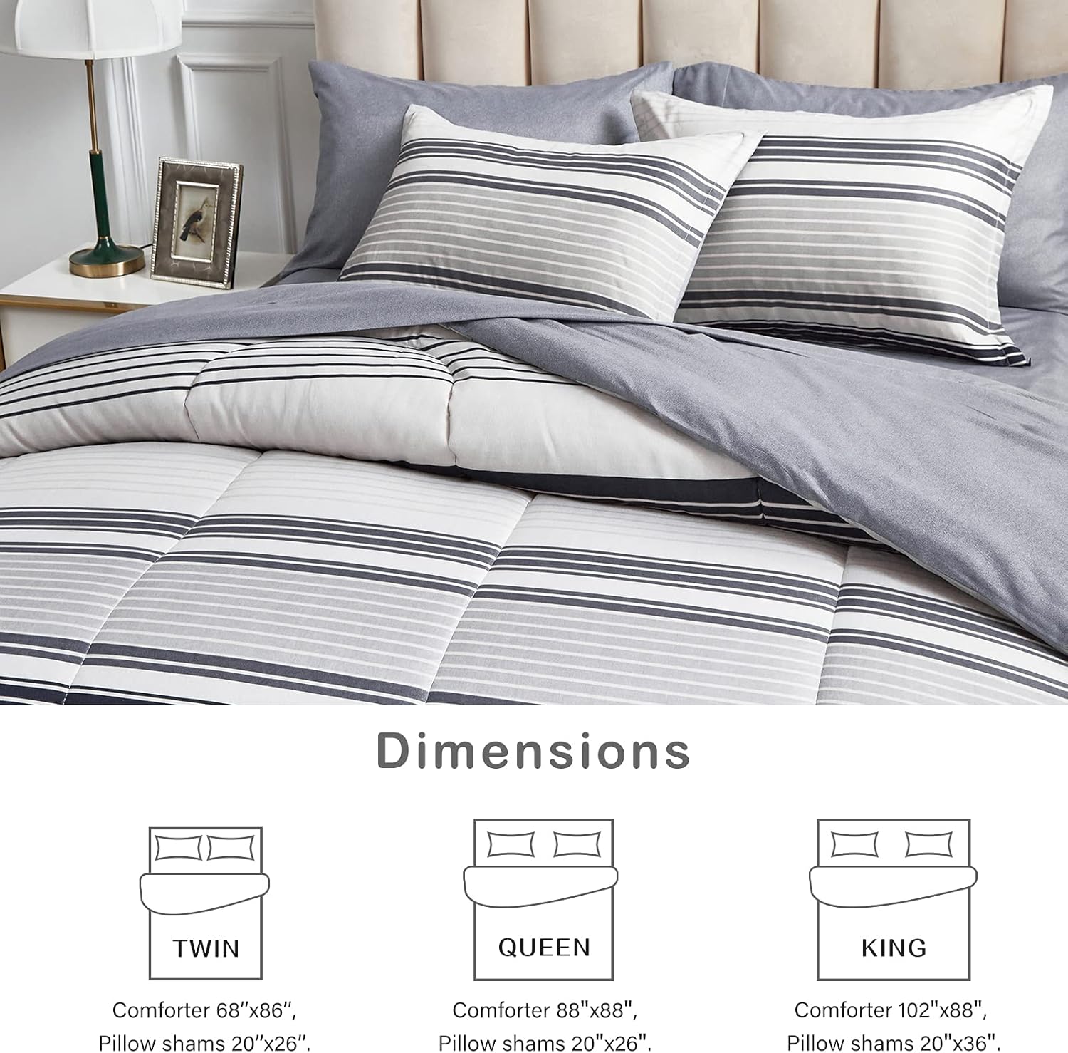 FlySheep 3 Pcs Gray Striped Boho Comforter Set Queen Size, G…
