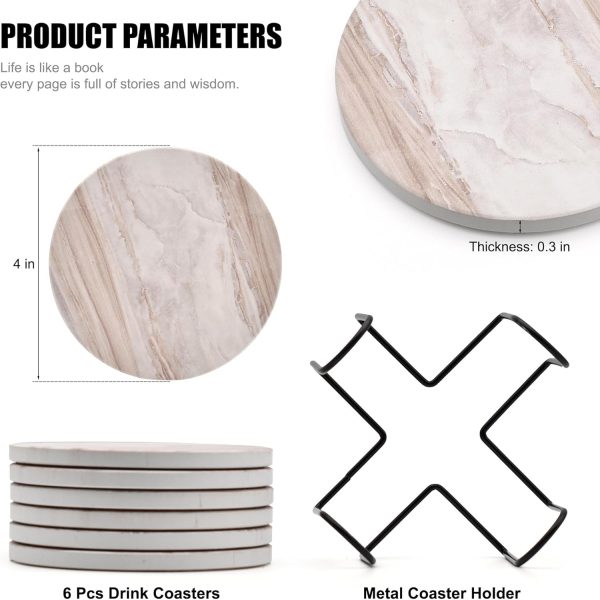 6PCS Coasters for Drinks with Metal Holder, Marble Style Cer... - Image 2