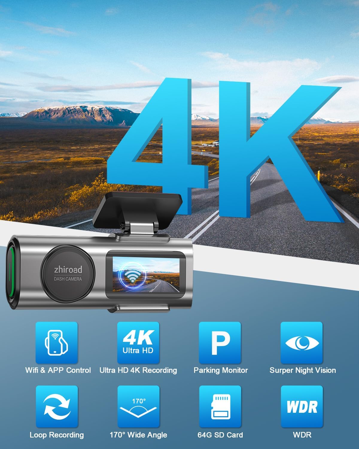 Dash Cam 4K Front, Built-in WiFi Dash Camera for Cars, 1.47’…