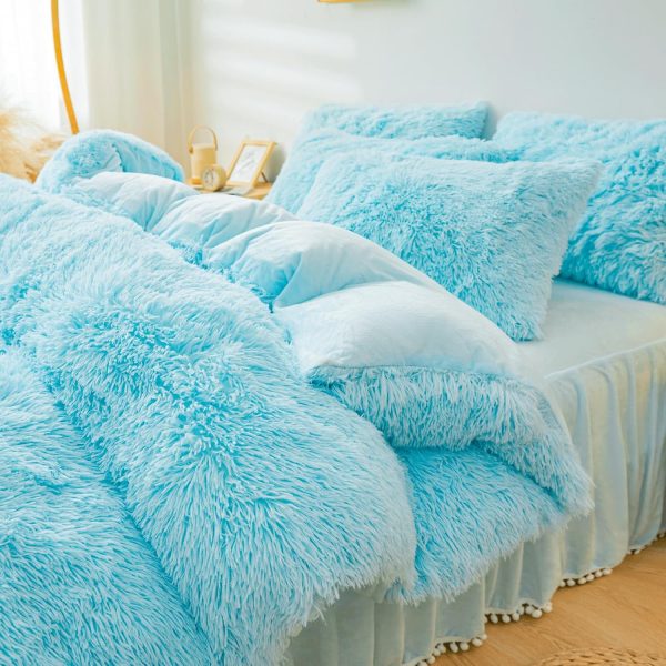 ERLOXO Fluffy Blue Faux Fur Comforter Cover Set Twin，Fluffy ... - Image 4