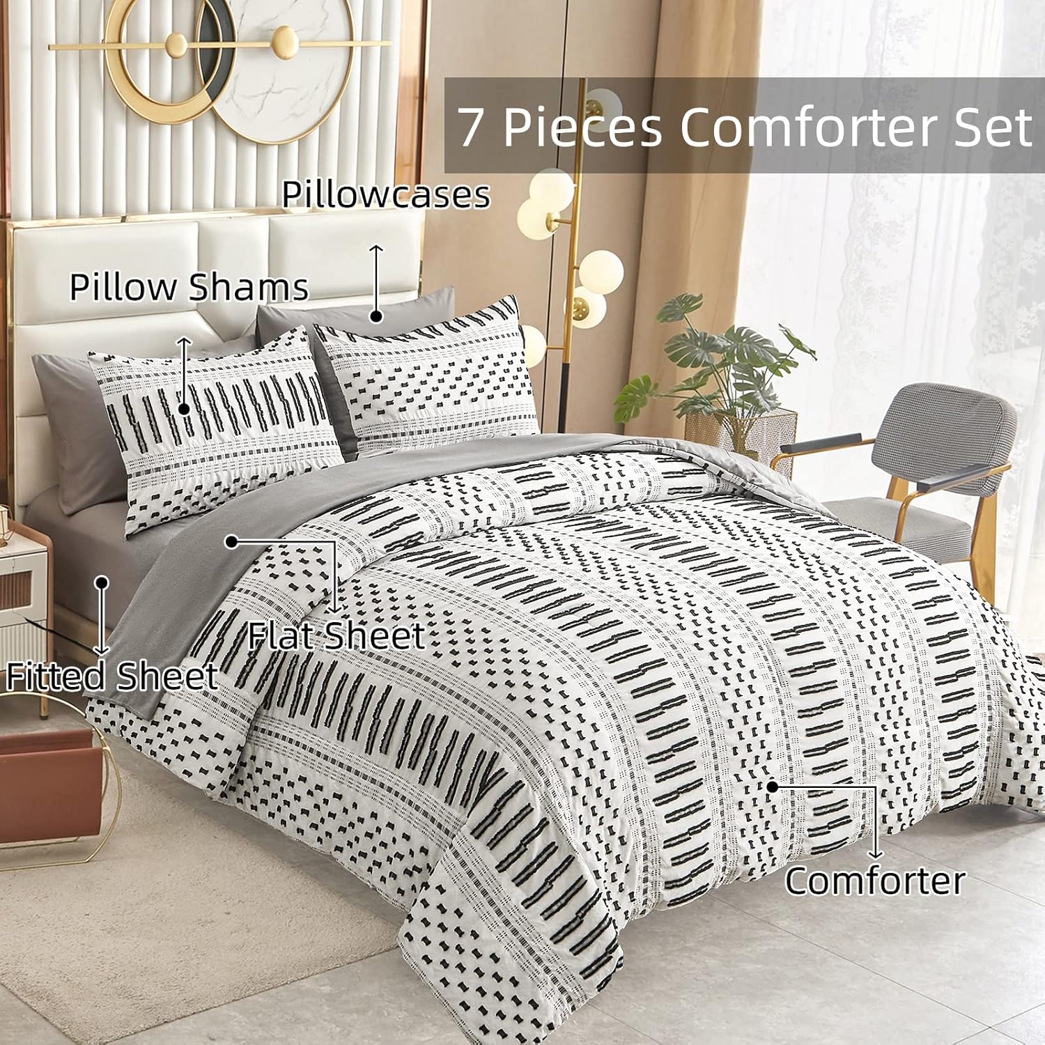 DJY Boho Comforter Set King Size Bed in a Bag 7 Piece Black …