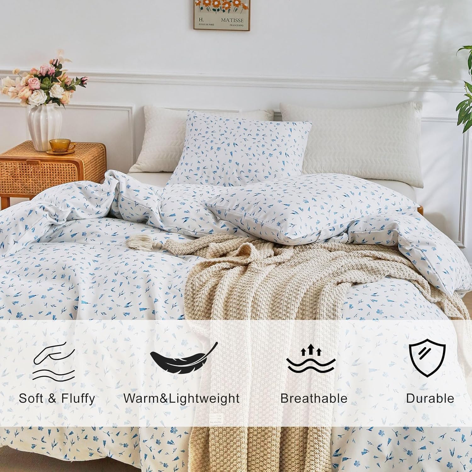 EAVD Vintage Style Blue Floral Comforter Set Full White Soft…
