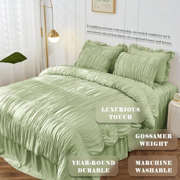 Bonlino Queen Comforter Set Green Bedding - Ruched Comforter... - Image 2