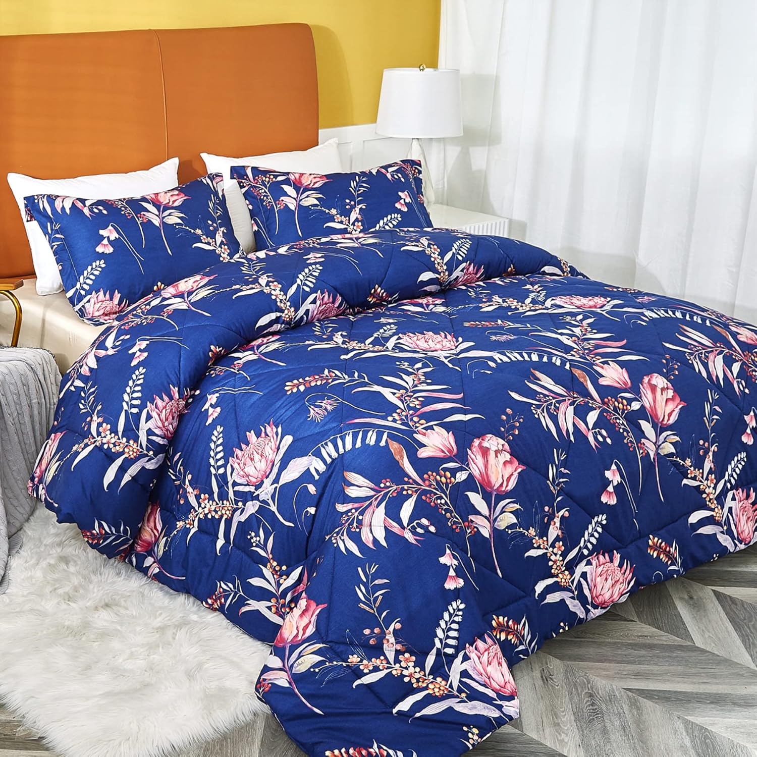 JSD Soft Navy Blue Floral Comforter Set King Size, 3 Piece A…
