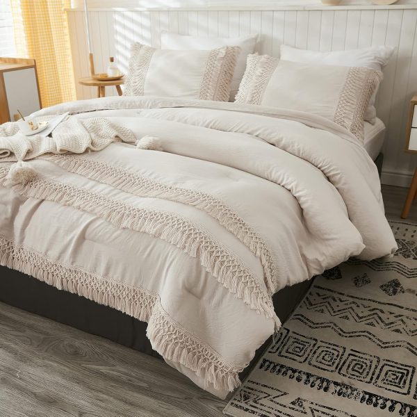 Boho Tassel Comforter Set Queen Beige Grey Tassel Comforter ... - Image 7