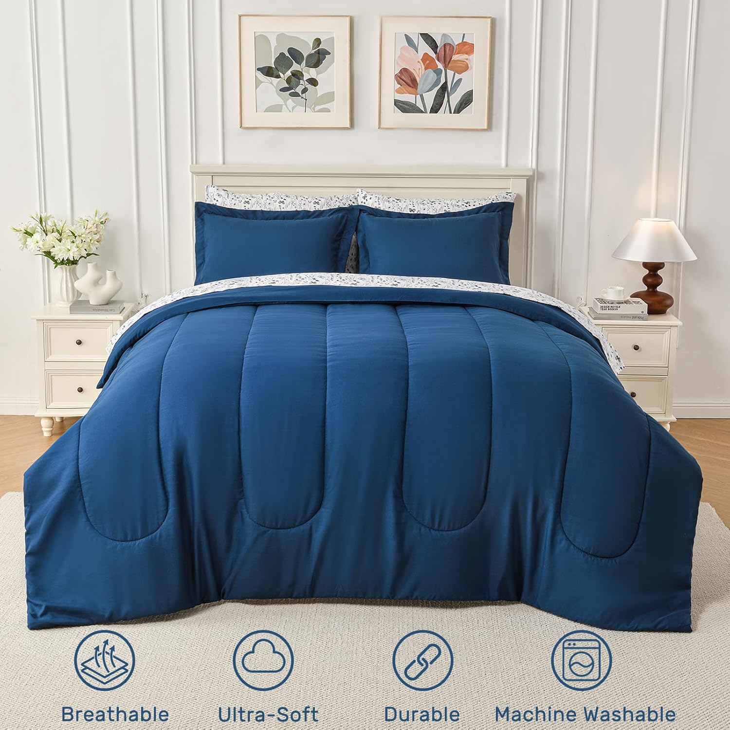 HollyHOME 7 Pieces Bed in a Bag Full/Queen Size Navy Blue Co…