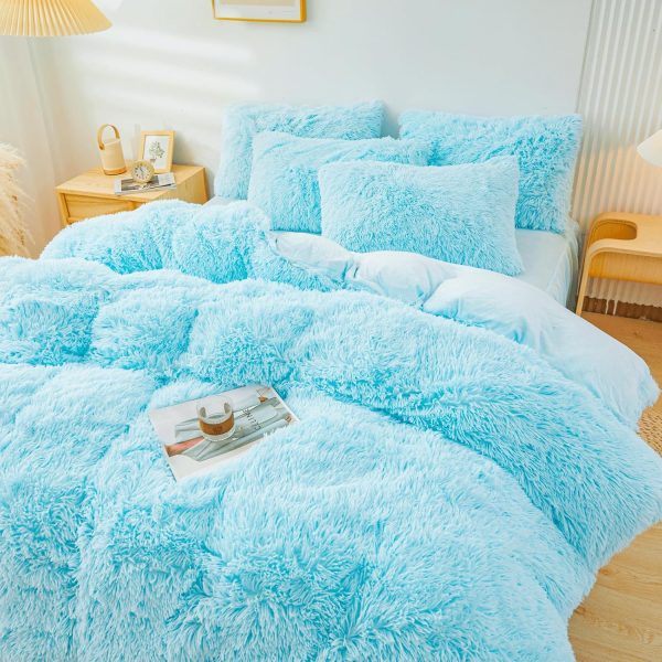 ERLOXO Fluffy Blue Faux Fur Comforter Cover Set Twin，Fluffy ... - Image 3
