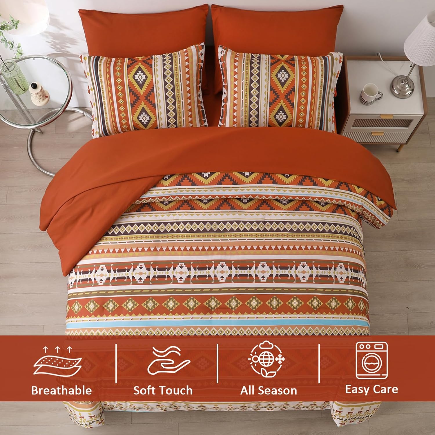 Burn Orange/Terracotta Comforter Set King, Boho Bed in A Bag…