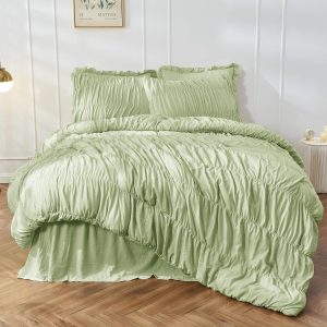 Bonlino Queen Comforter Set Green Bedding - Ruched Comforter...
