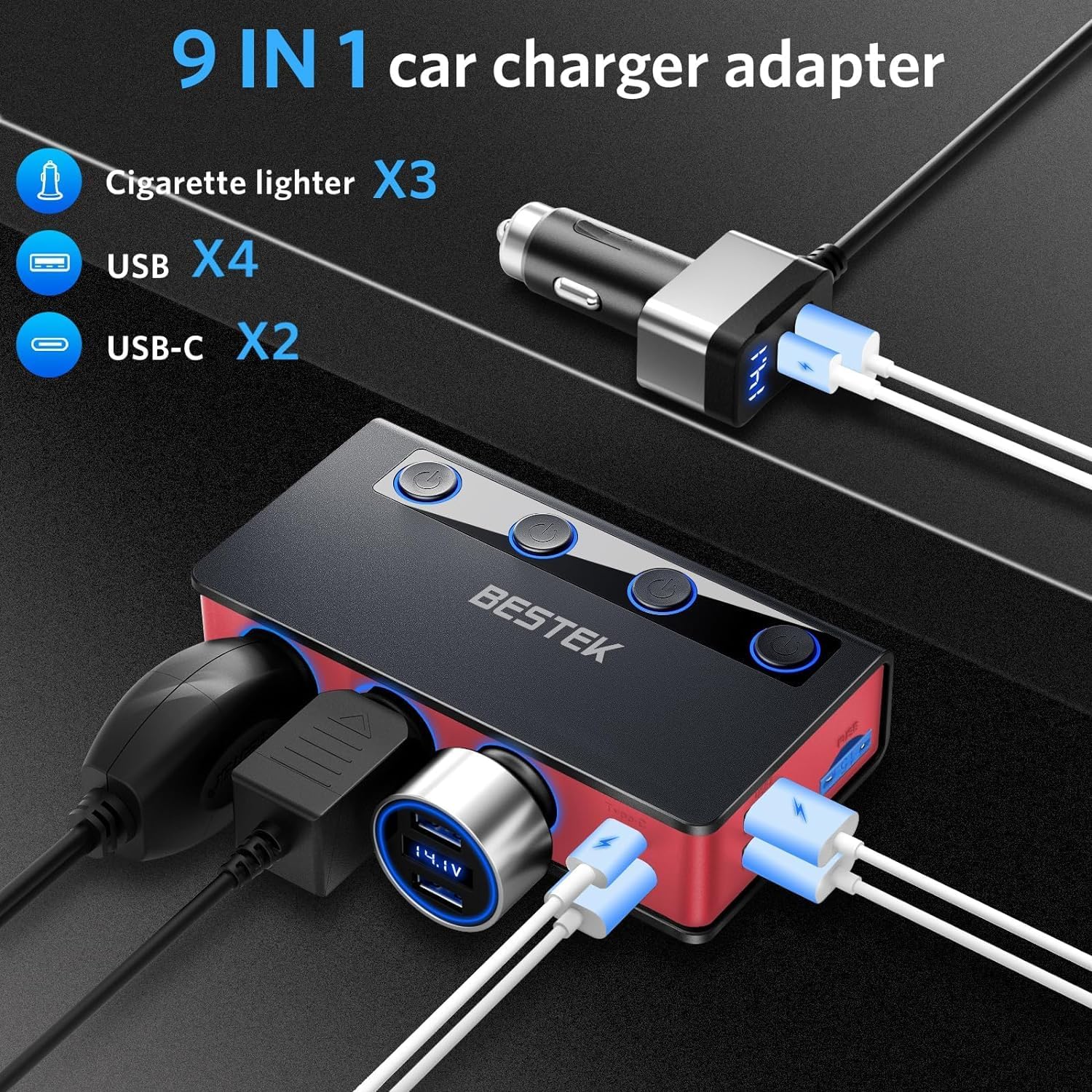 BESTEK 9 in 1 Car Charger Adapter,180W 3-Socket Cigarette Li…
