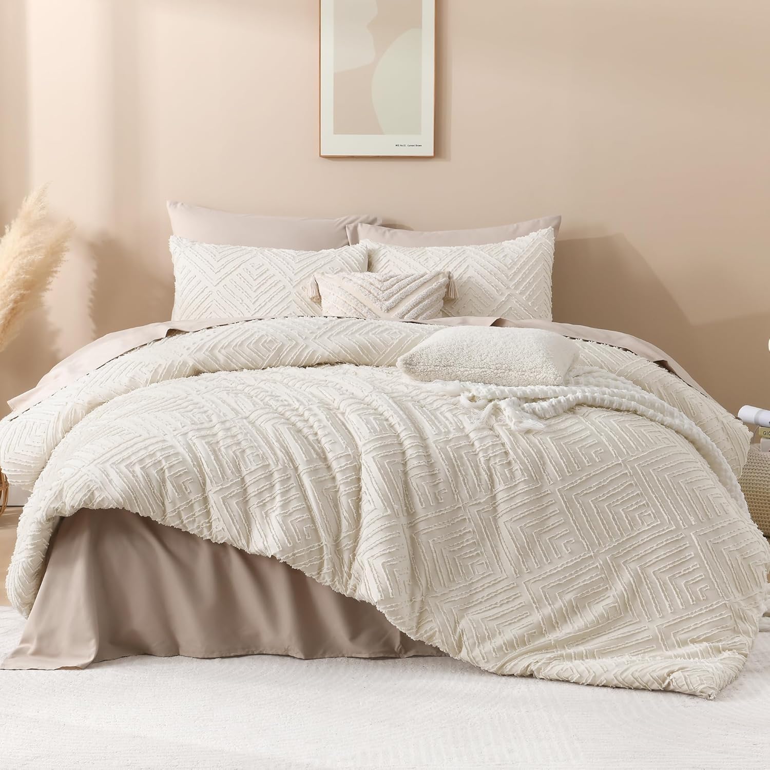 Andency King Size Comforter Set Beige, 3 Pieces Boho King Be…
