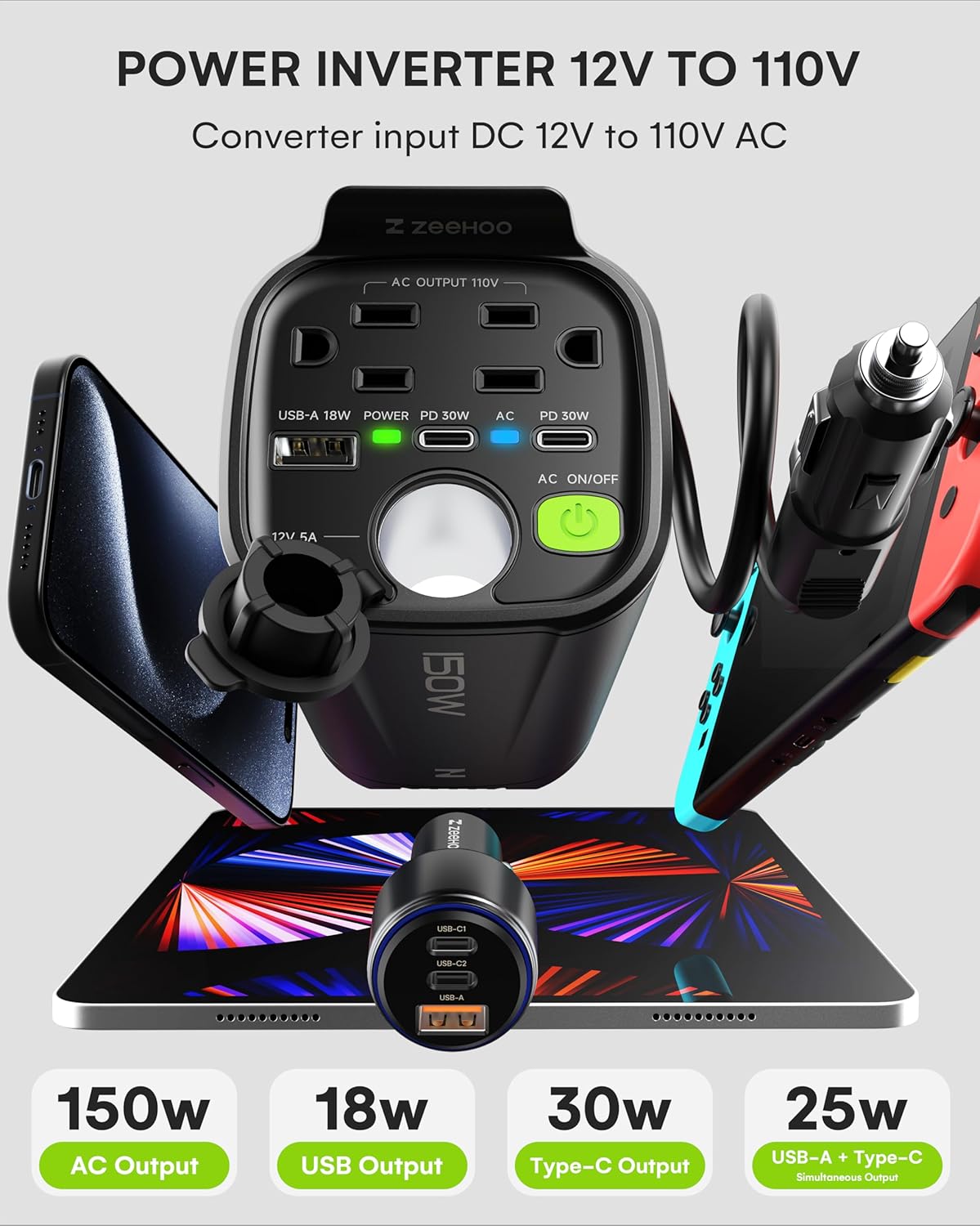 150W Car Power Inverter, 12V DC to 110V AC Car Plug Adapter …