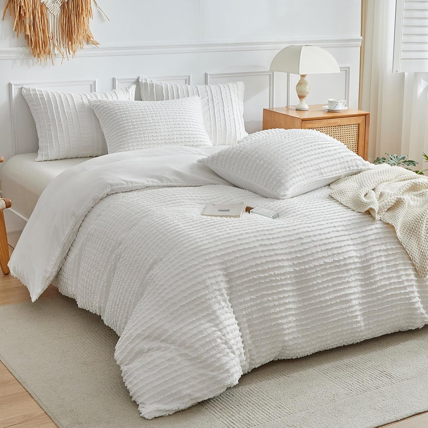 WARMDERN Boho Duvet Cover Set Queen Size,White Striped Duvet…