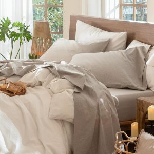 MooMee Bedding Sheet Set 100% Washed Cotton Linen Like Textu...