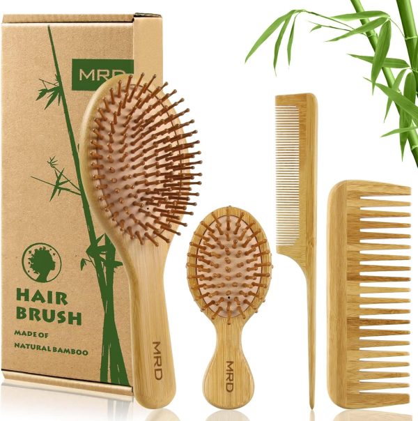 MRD Hair Brush Set, Natural Bamboo Comb Paddle Detangling Ha...