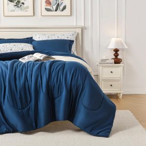 HollyHOME 7 Pieces Bed in a Bag Full/Queen Size Navy Blue Co...