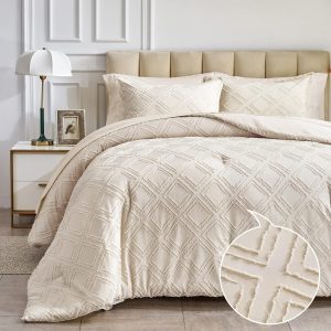 Beige Tufted Bed in a Bag 7 Pieces Queen Size, Soft and Embr...