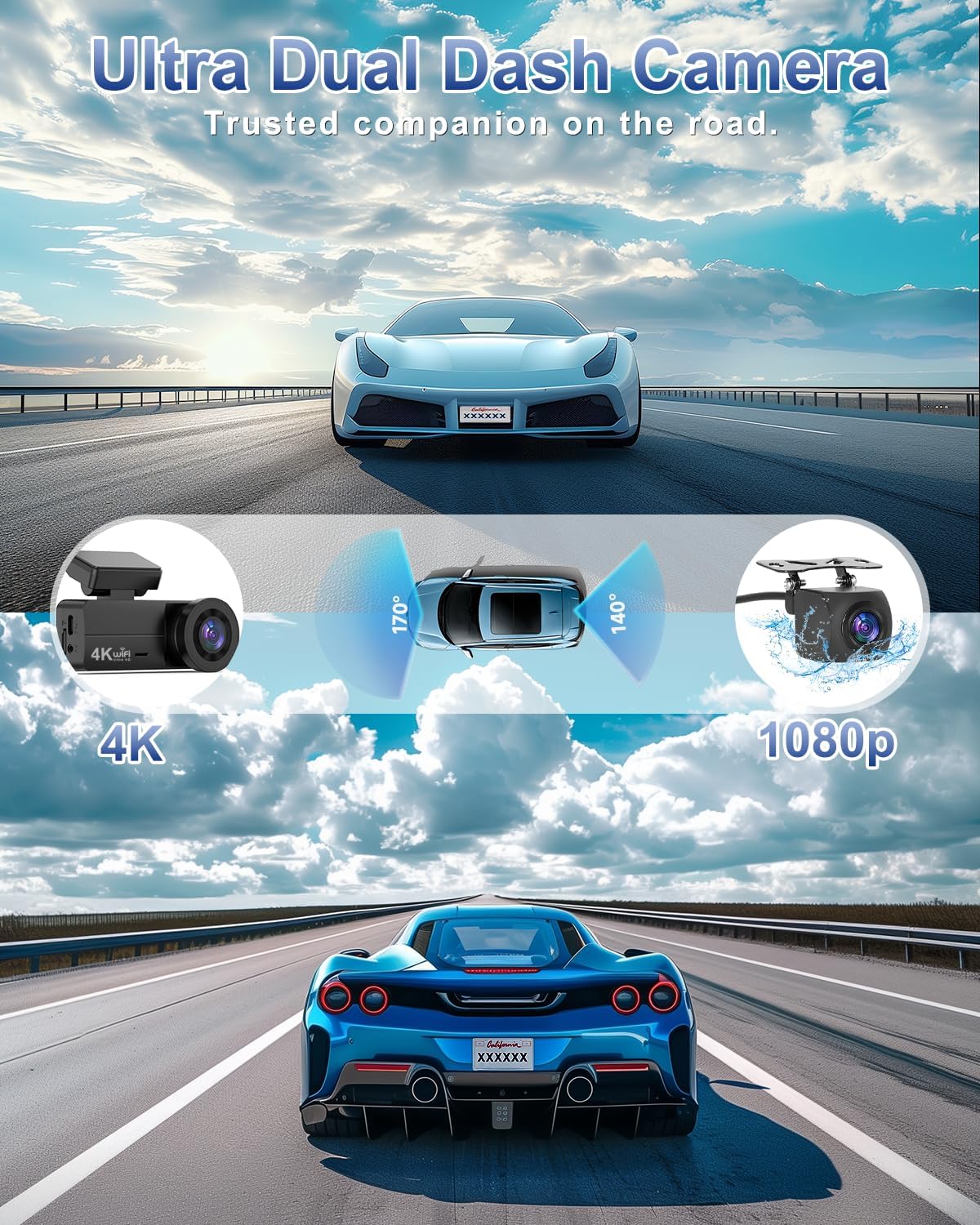 4K Dash Cam Front and Rear, WiFi Dash Cam with 64GB Card, 4K…