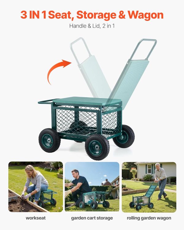 VEVOR Rolling Garden Cart with Seat, Metal Rolling Garden Wo... - Image 6