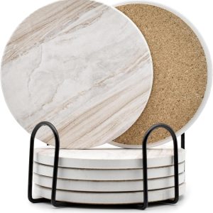 6PCS Coasters for Drinks with Metal Holder, Marble Style Cer...
