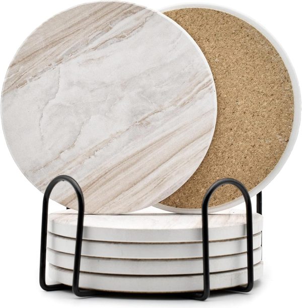 6PCS Coasters for Drinks with Metal Holder, Marble Style Cer...