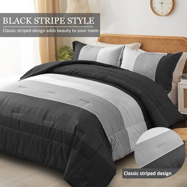 WONGS BEDDING Black Comforter Set Queen, Reversible Black Gr... - Image 2