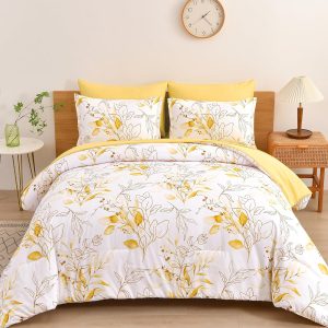 WONGS BEDDING Yellow Botanical Comforter Set Queen, 7 Pieces...