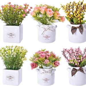 LUEUR 6Pcs Artificial Pot Flowers with Ceramic Potted Fake F...