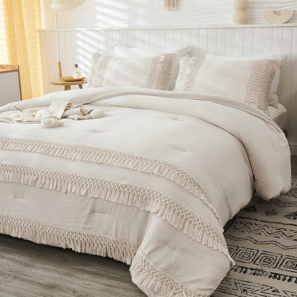 Boho Tassel Comforter Set Queen Beige Grey Tassel Comforter ... - Image 3