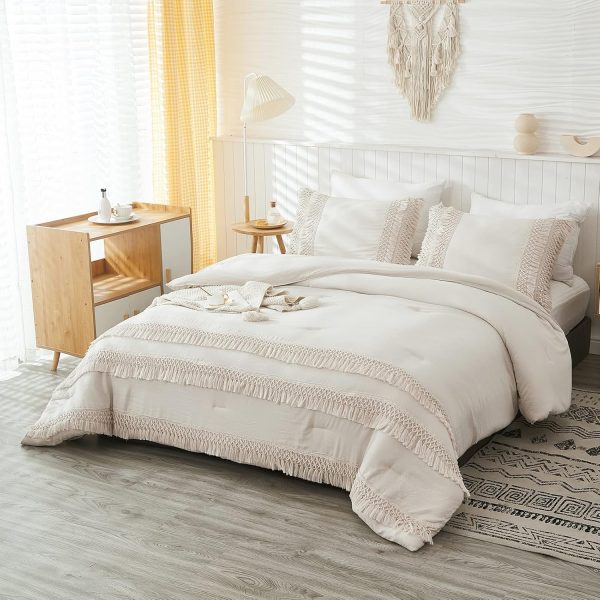 Boho Tassel Comforter Set Queen Beige Grey Tassel Comforter ... - Image 2