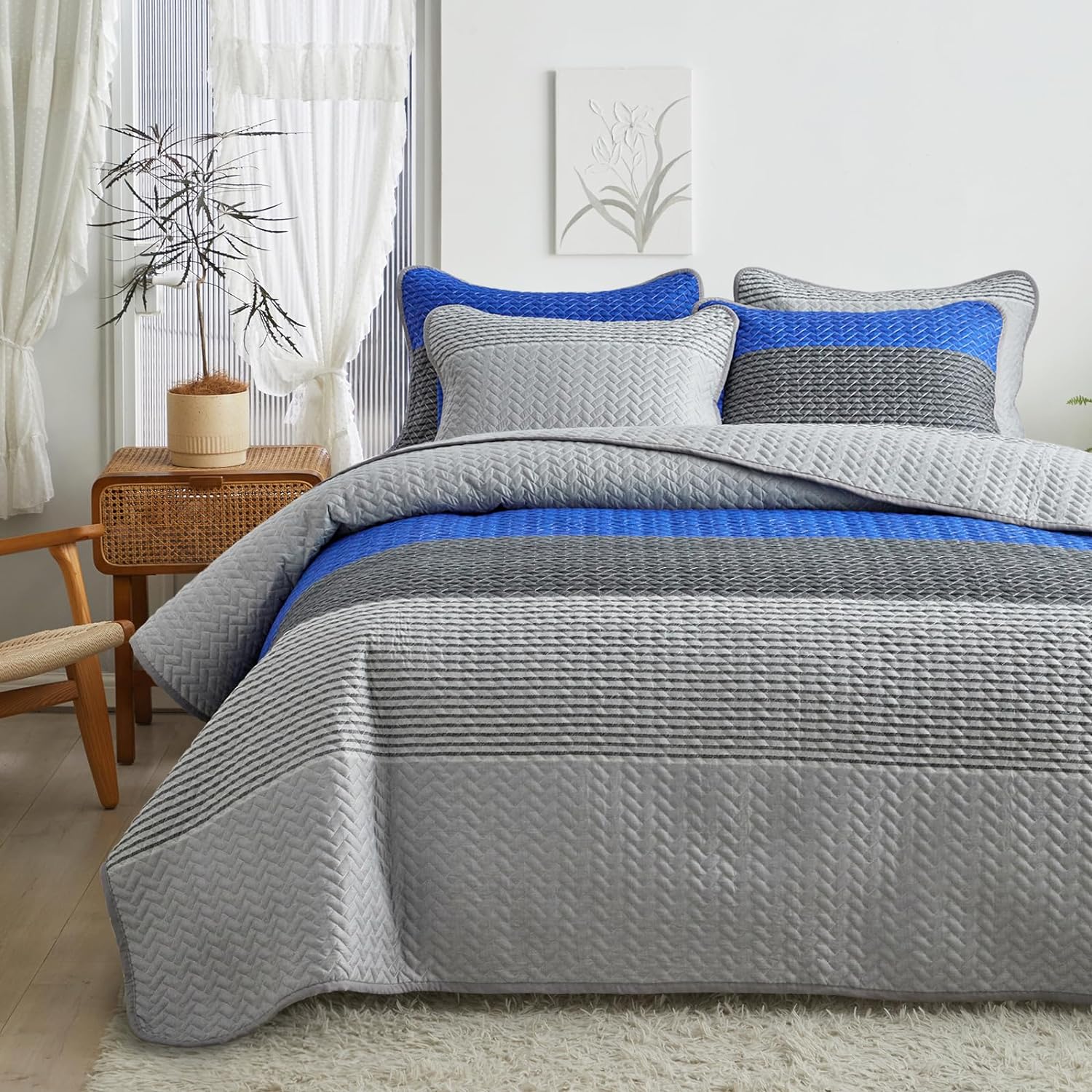 Flysheep Boho Striped Quilt Set Full Queen Size, 3 Pcs Blue …
