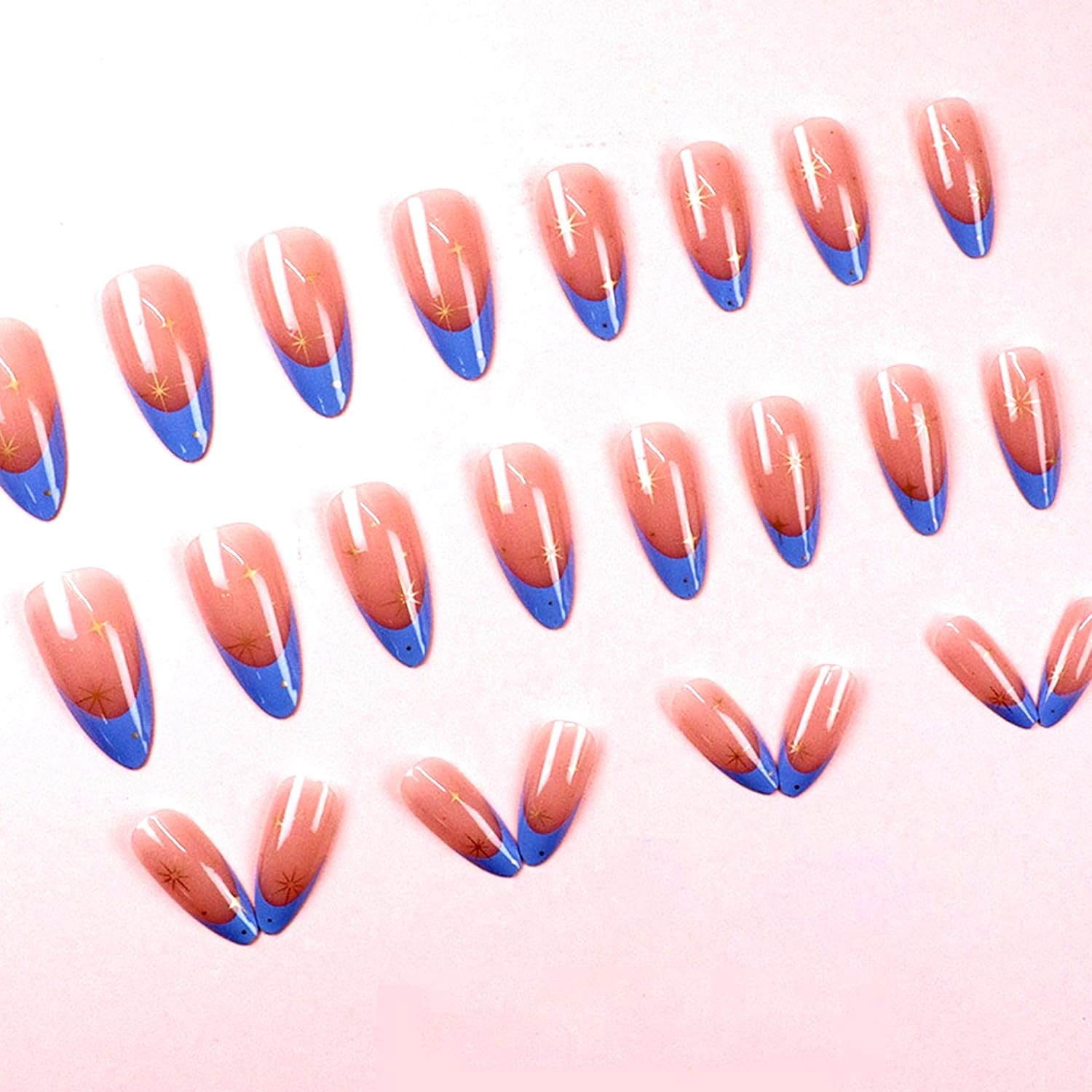 24Pcs Star French Tips Short Oval Press on Nails, Blue Pink …