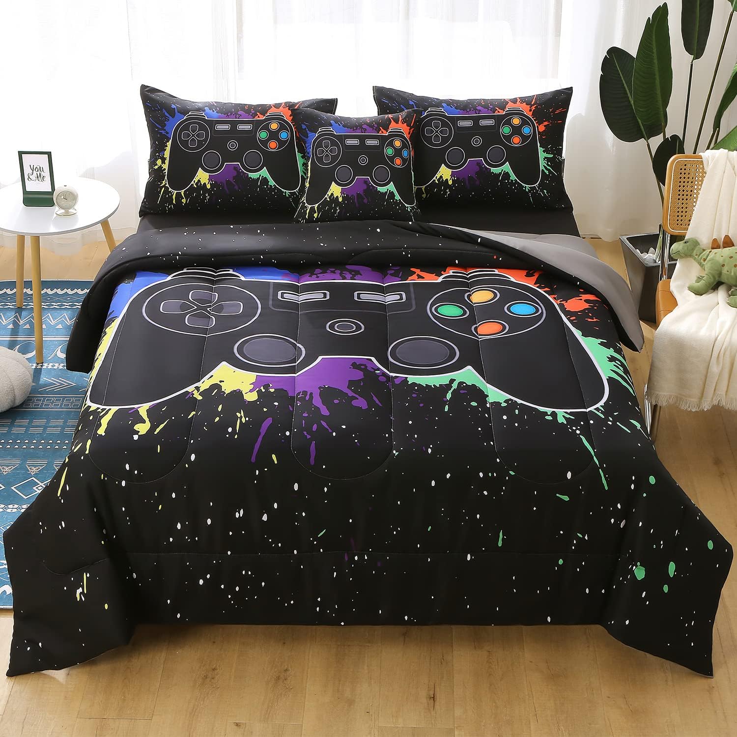 JQinHome Twin Gamer Comforter Sets for Boys,6 Piece Bed in A…