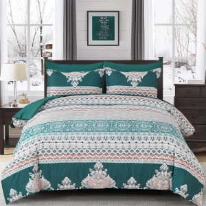 Green Boho Comforter Set Queen Size Striped Bed in a Bag Tea...