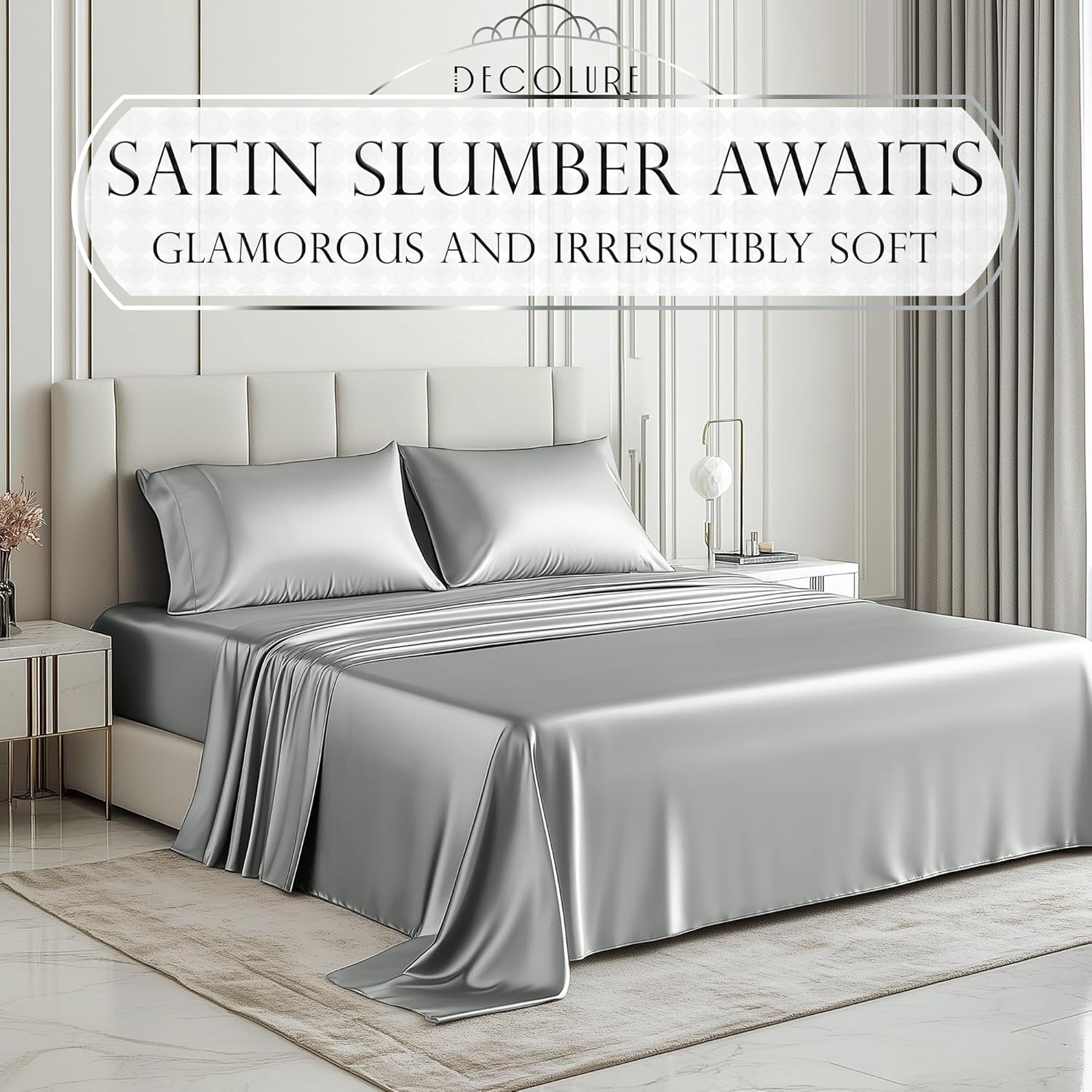 DECOLURE Satin Bed Sheets – 4 Piece Luxury Silky Queen Size …