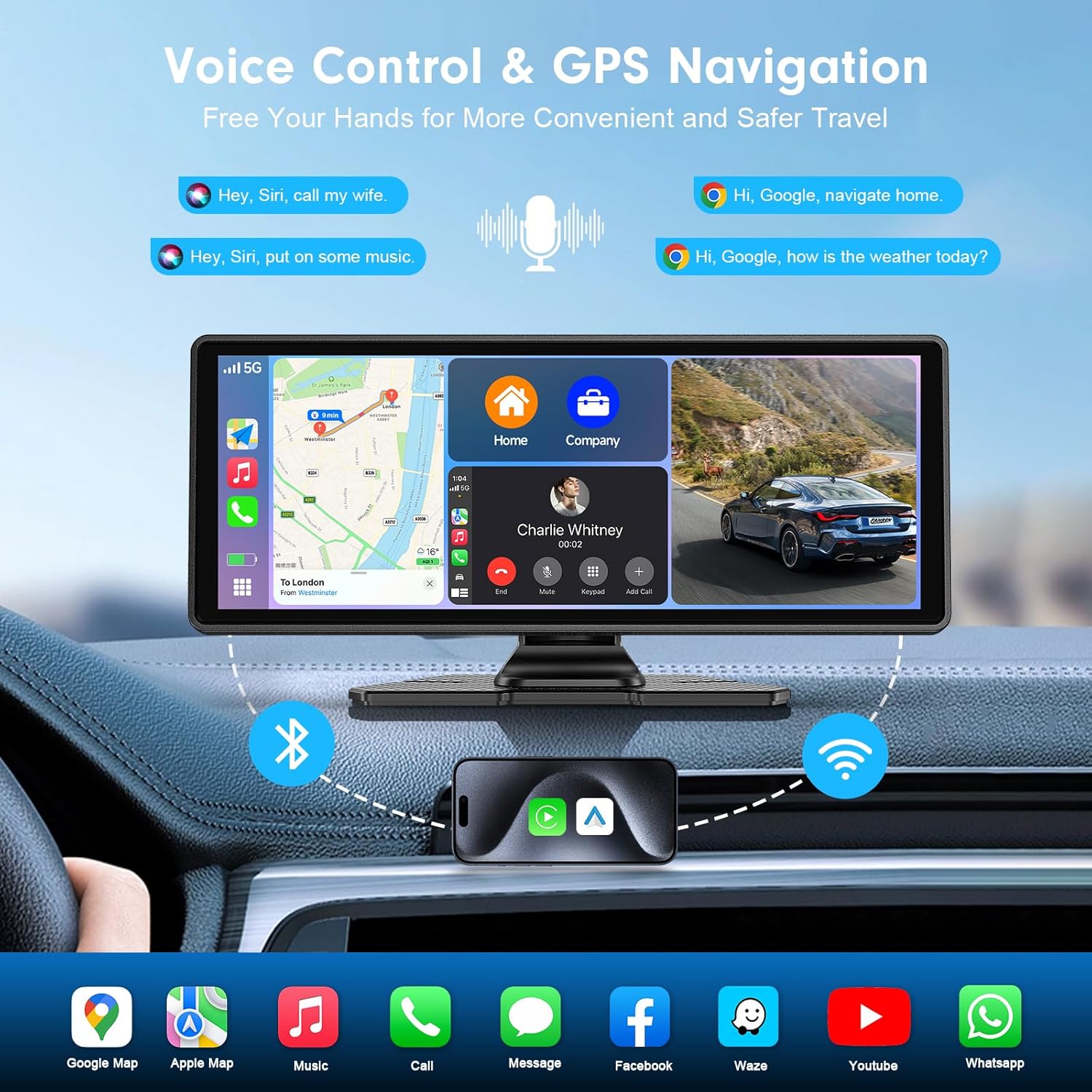 FAHREN Wireless Apple CarPlay Screen for Car, 10.26″ Car Pla…
