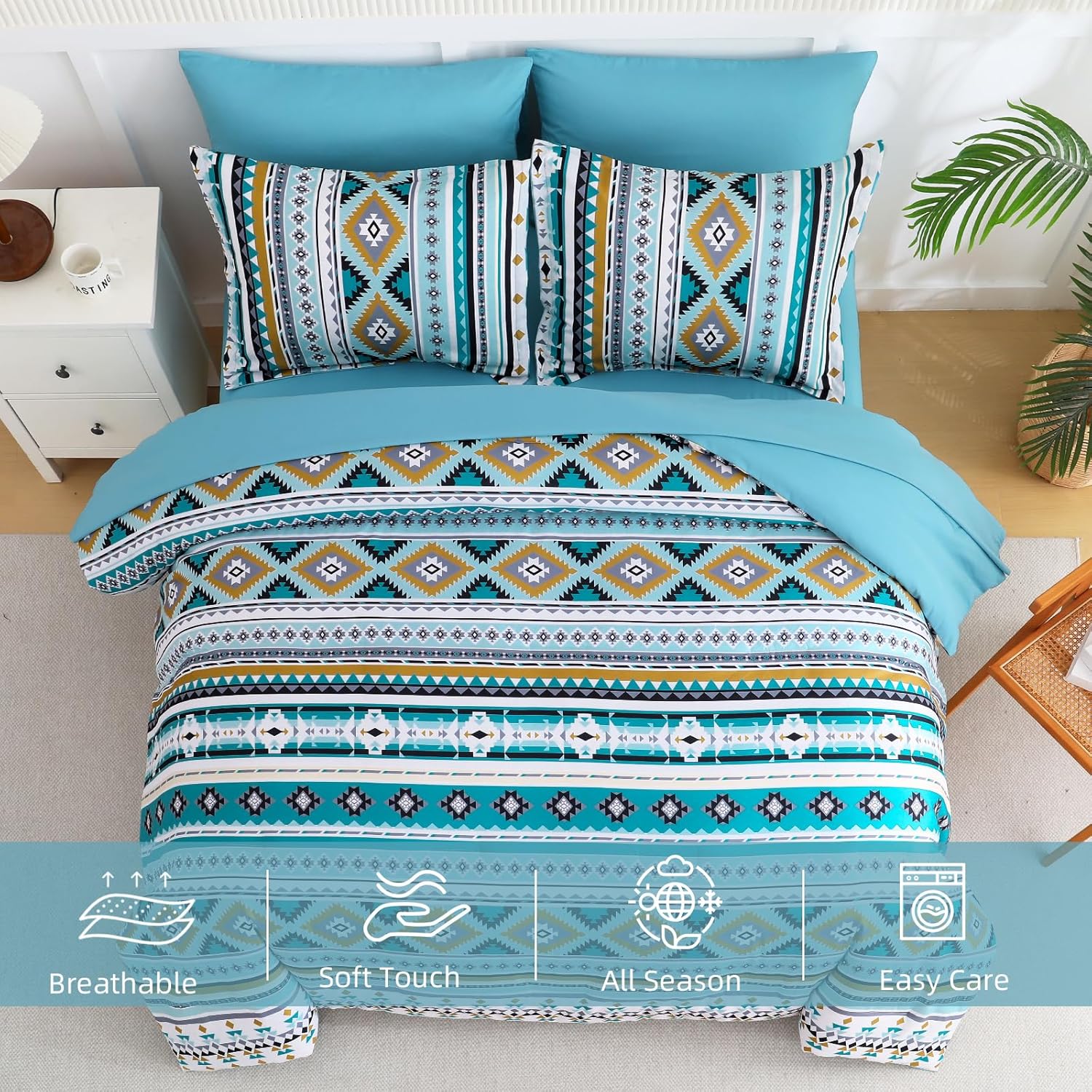 Teal Boho Comforter Set Queen Size,7 Pieces Bed in a Bag Que…