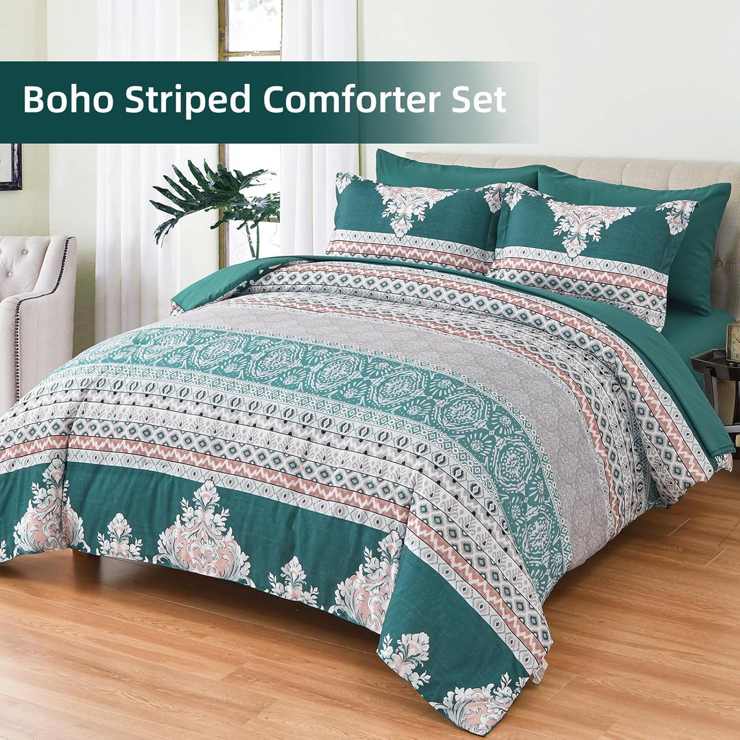 Green Boho Comforter Set Queen Size Striped Bed in a Bag Tea…